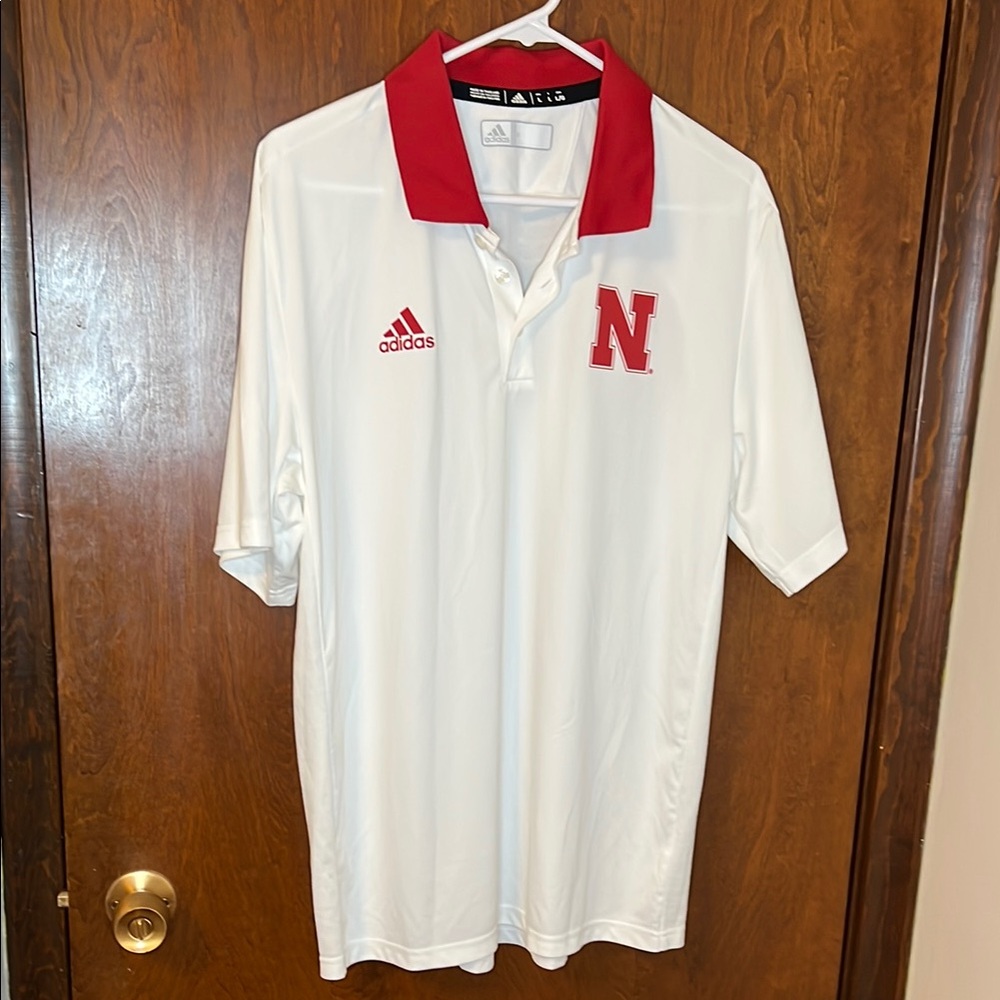 Adidas Men's White Nebraska Huskers Climalite Polo Shirt | Size Large | Like New